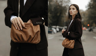 Imagen de Bolso Mini Carmen Camel  de Valentina Rivera Madrid con modelo en plano cerrado y plano medio